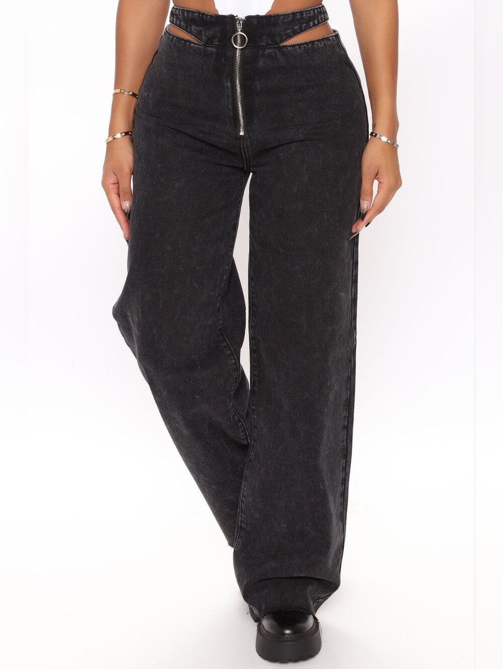 Fashion Nova Washed Black Wide-Leg Jeans with Front Ring Zip Cutouts